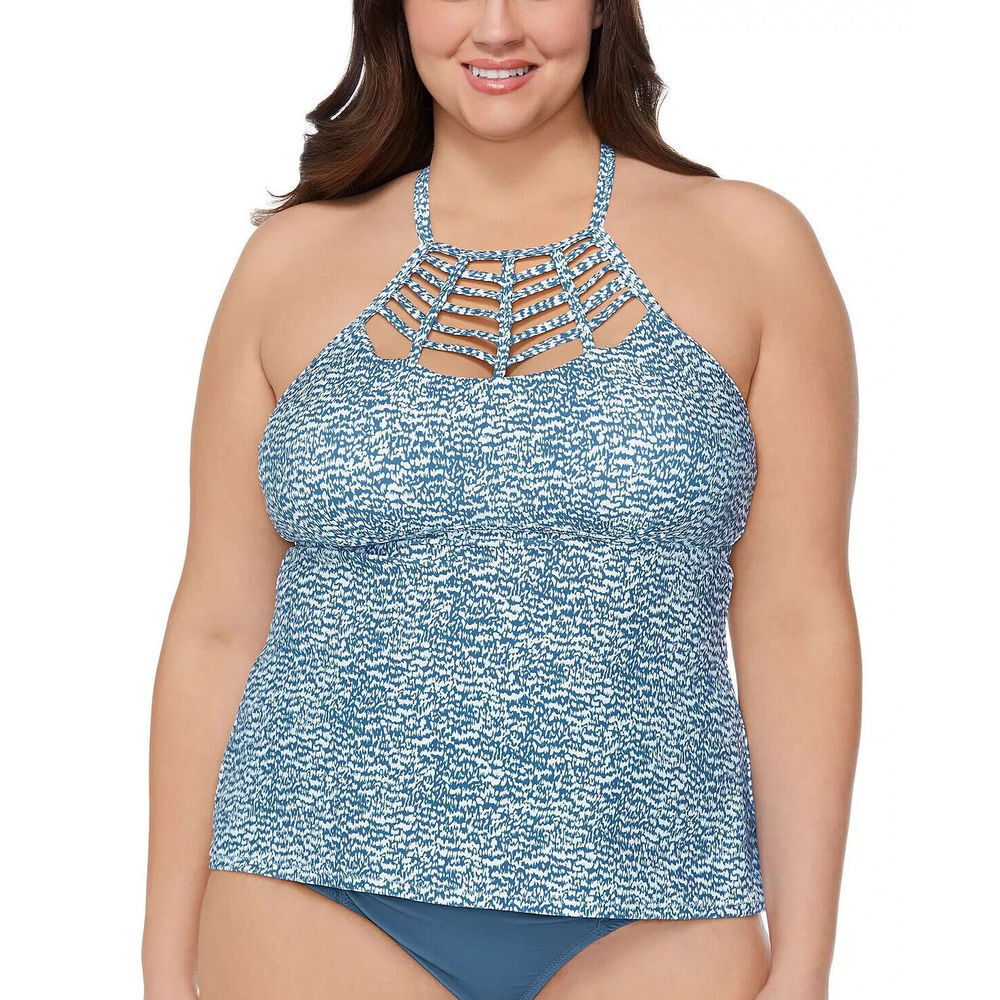 Raisins Curve H840236 Plus Size BOA High Neck Tankini Swim Top 14W 14 W Blue
